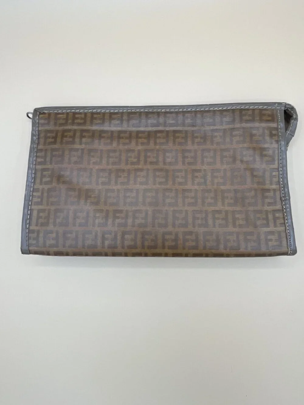 Fendi Vintage Zucca Pattern Clutch Bag With Zipper Closure & Brown/Gray Leather